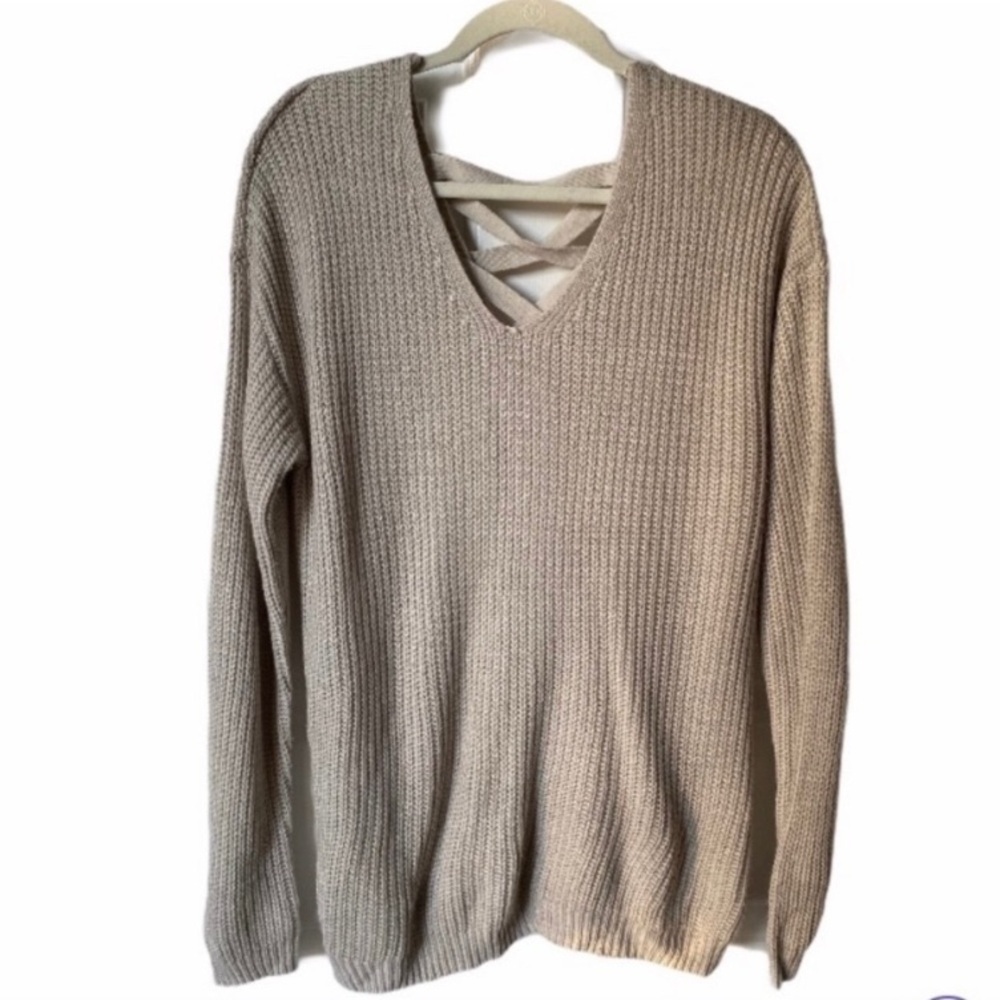 SO Braided Back Sweater V Neck Beige Knit Long Sleeves Size L - Picture 6 of 6